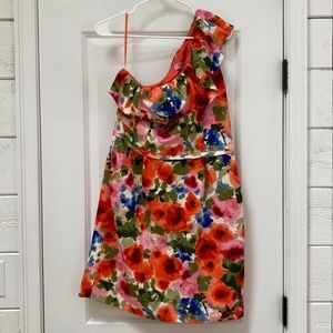 Eliza J Watercolor Floral One Shoulder Sheath Dress with Ruffle and Pockets